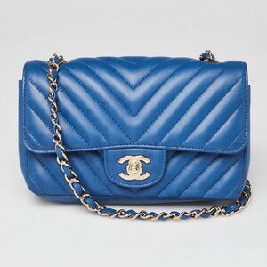 Chanel Blue Chevron Quilted Lambskin Leather Classic Mini Rectangular Bag
